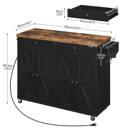 Kitchen Island with Power Outlet with Storage - Rustic Brown & Black