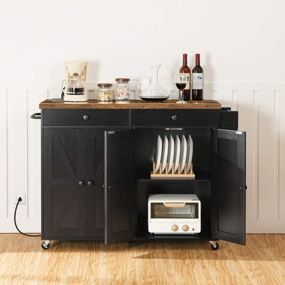 Kitchen Island with Power Outlet with Storage - Rustic Brown & Black