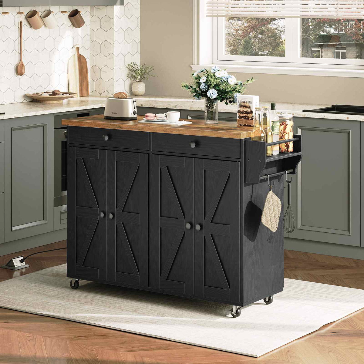 Kitchen Island with Power Outlet with Storage - Rustic Brown & Black