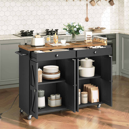 Kitchen Island with Power Outlet with Storage - Rustic Brown & Black