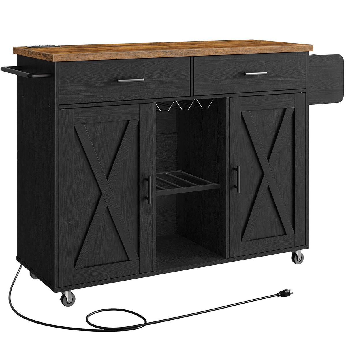 Kitchen Island on Wheels with Power Outlets, Storage - Black & Rustic Brown