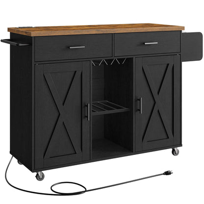 Kitchen Island on Wheels with Power Outlets, Storage - Black & Rustic Brown
