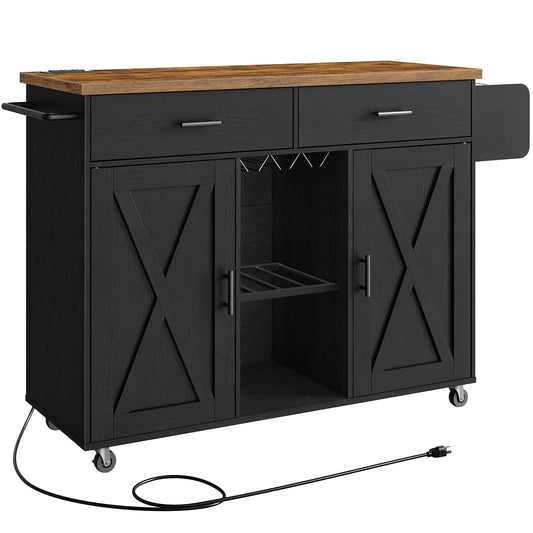 Kitchen Island on Wheels with Power Outlets, Storage - Black & Rustic Brown