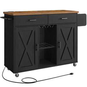 Kitchen Island on Wheels with Power Outlets, Storage - Black & Rustic Brown