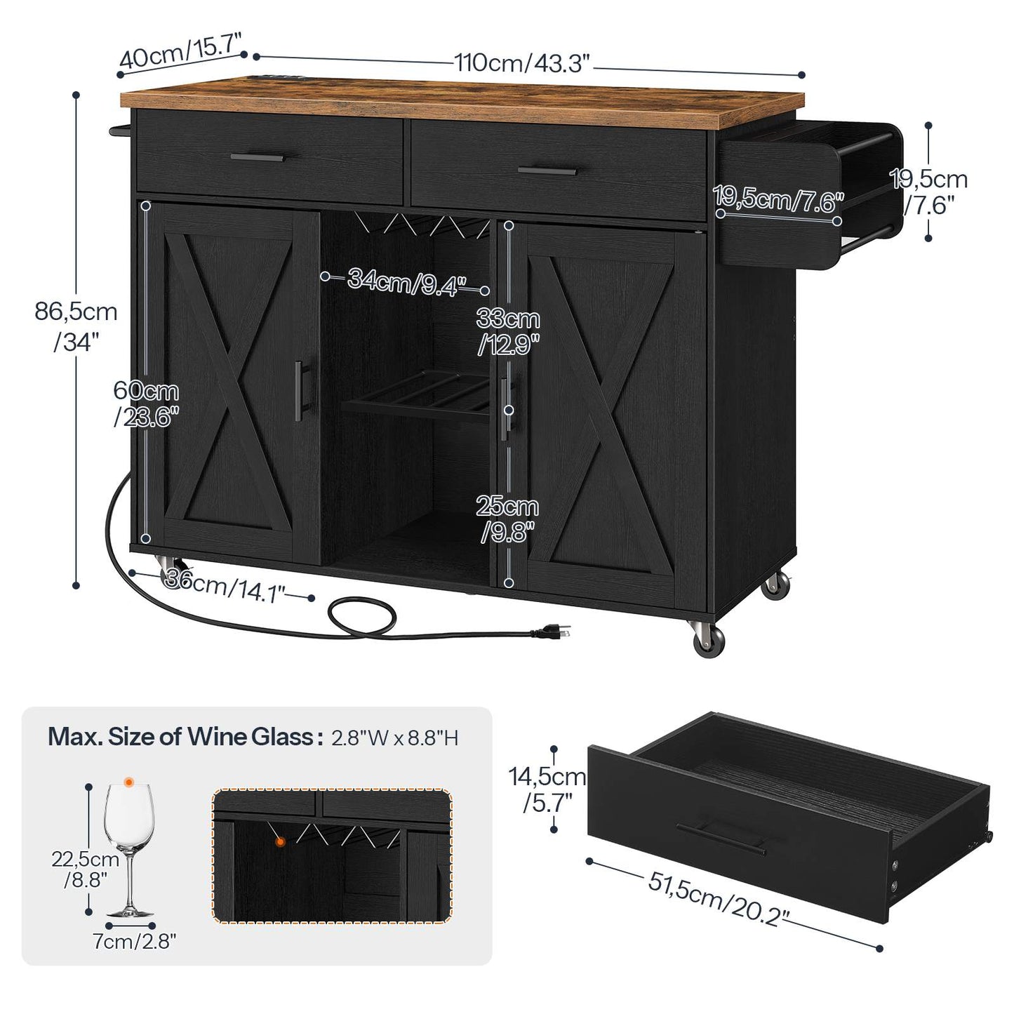 Kitchen Island on Wheels with Power Outlets, Storage - Black & Rustic Brown