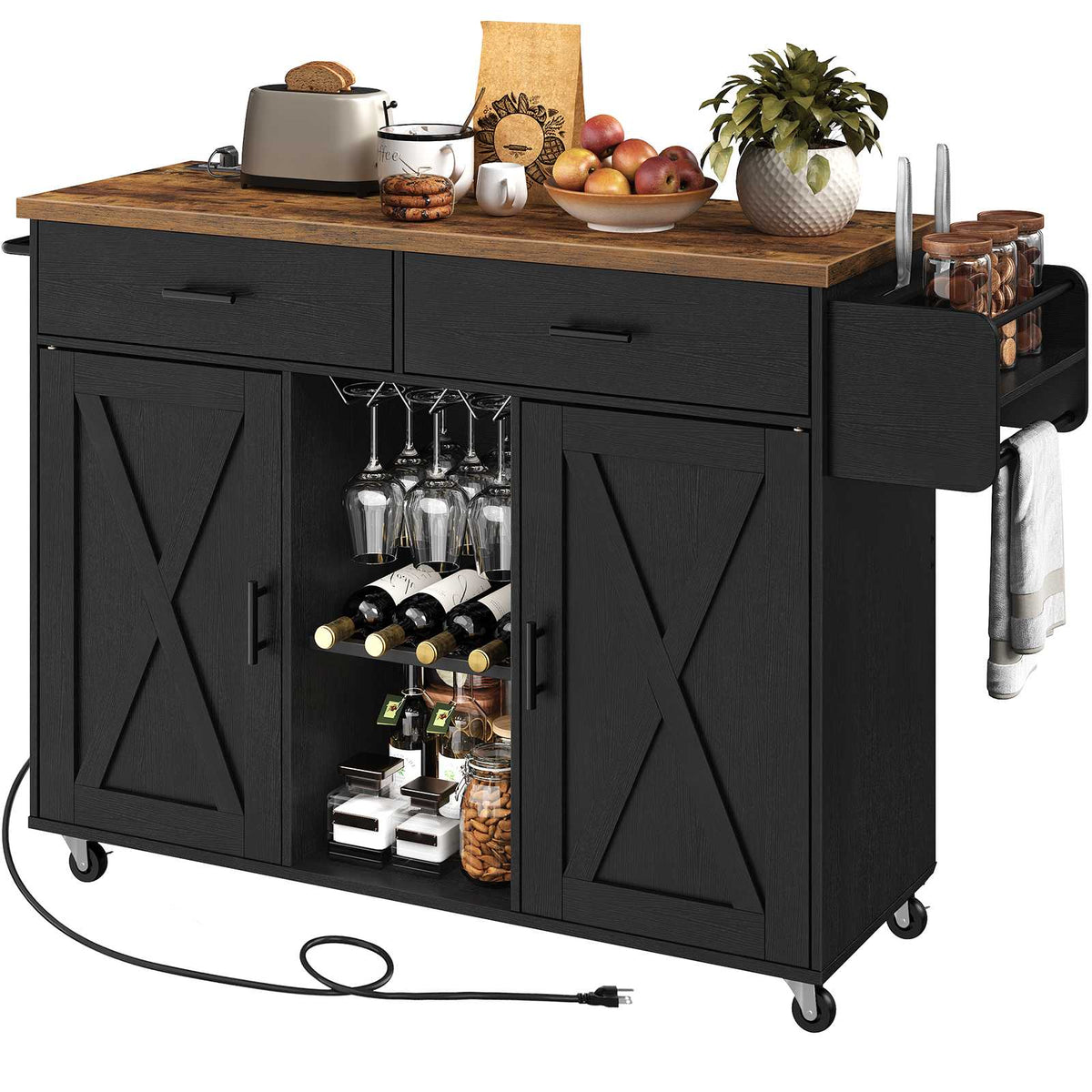 Kitchen Island on Wheels with Power Outlets, Storage - Black & Rustic Brown