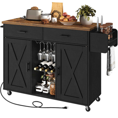 Kitchen Island on Wheels with Power Outlets, Storage - Black & Rustic Brown