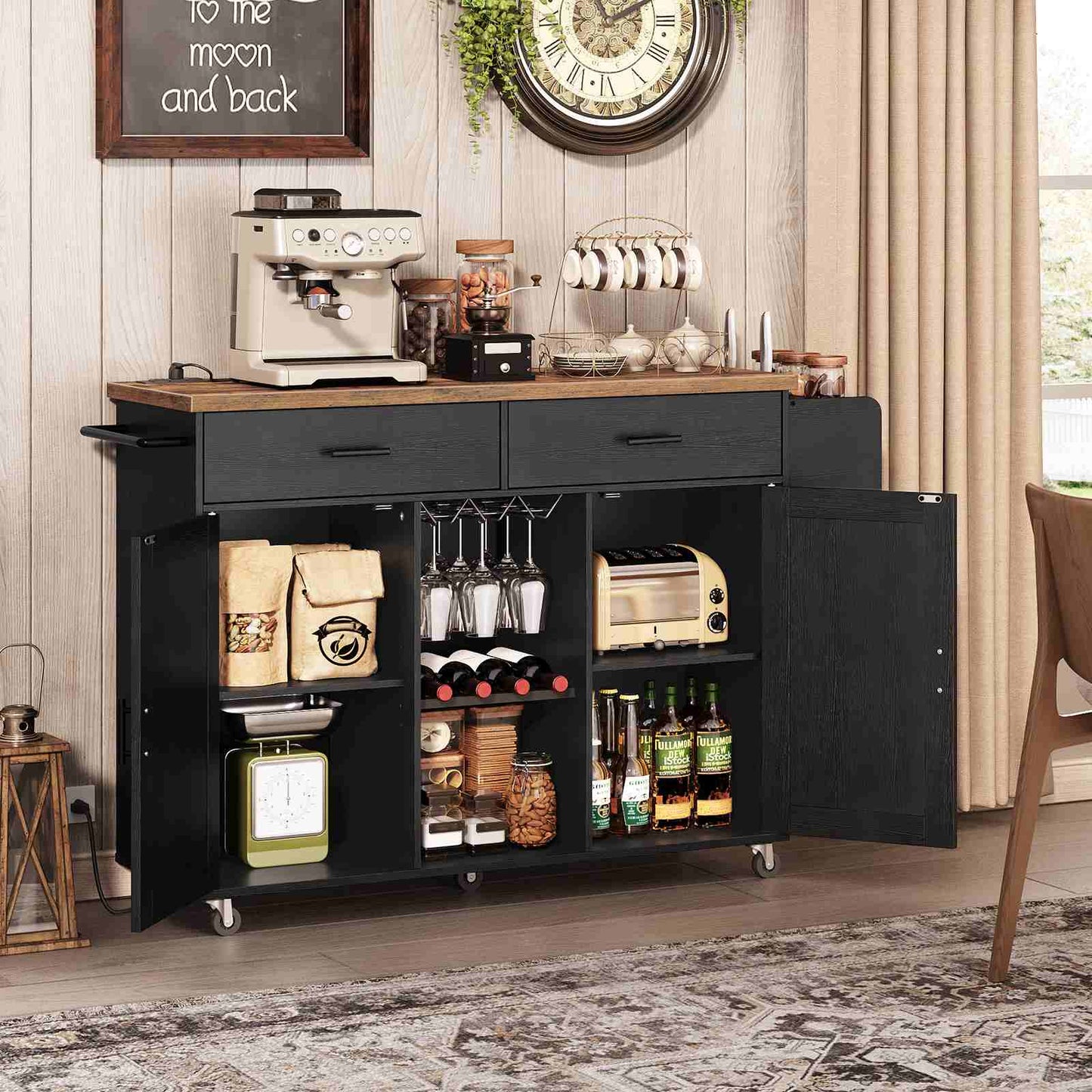 Kitchen Island on Wheels with Power Outlets, Storage - Black & Rustic Brown