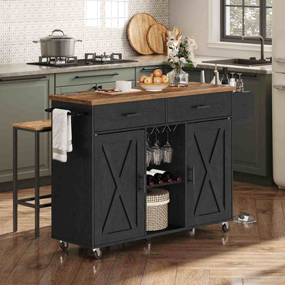 Kitchen Island on Wheels with Power Outlets, Storage - Black & Rustic Brown