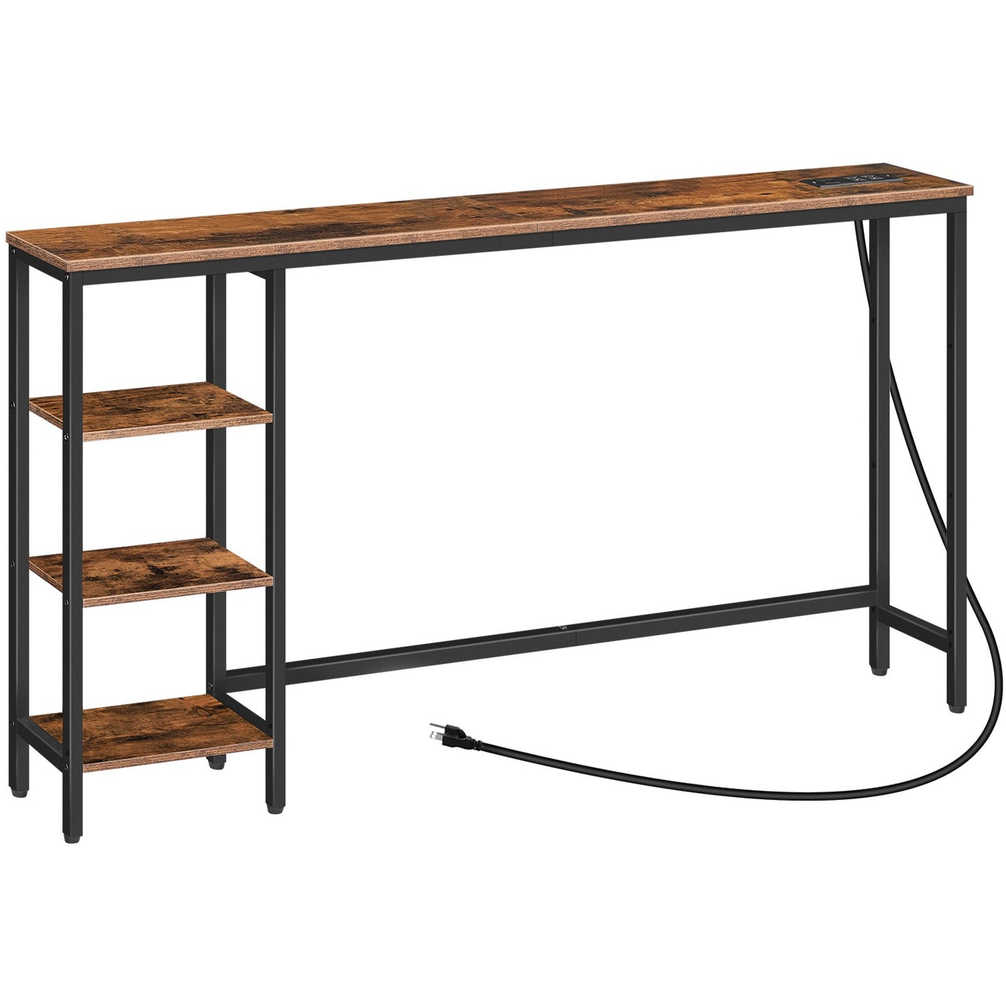 Console Table with Power Outlet with Storage - Rustic Brown & Black - HWLEXTRA 