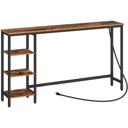 Console Table with Power Outlet with Storage - Rustic Brown & Black - HWLEXTRA 