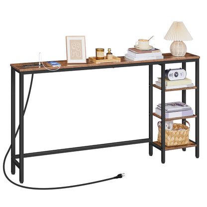 Console Table with Power Outlet with Storage - Rustic Brown & Black - HWLEXTRA 