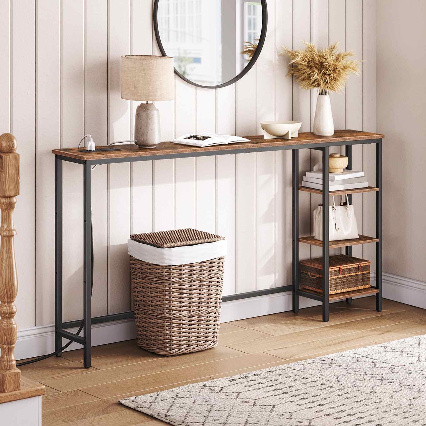 Console Table with Power Outlet with Storage - Rustic Brown & Black - HWLEXTRA 