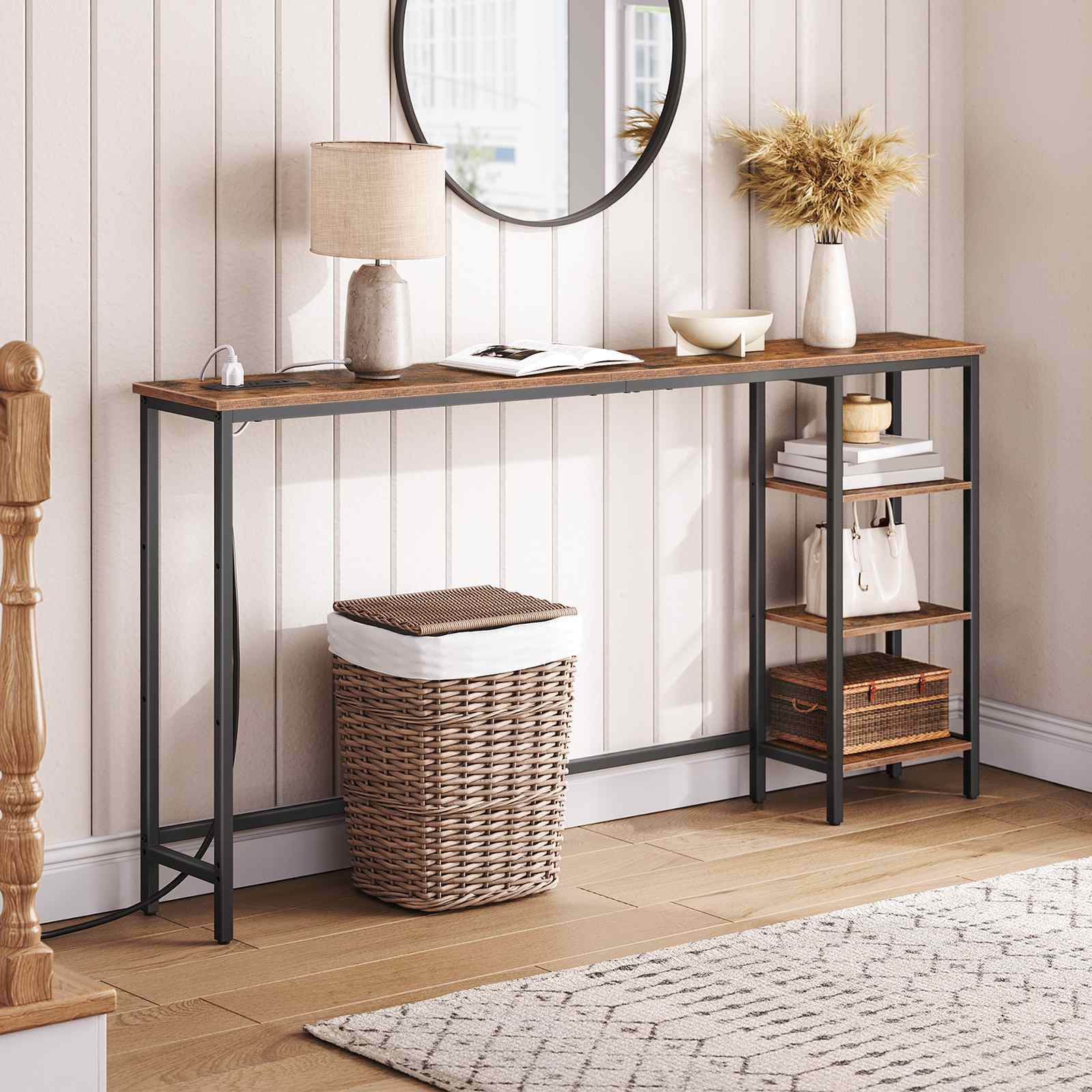 Console Table with Power Outlet with Storage - Rustic Brown & Black - HWLEXTRA 