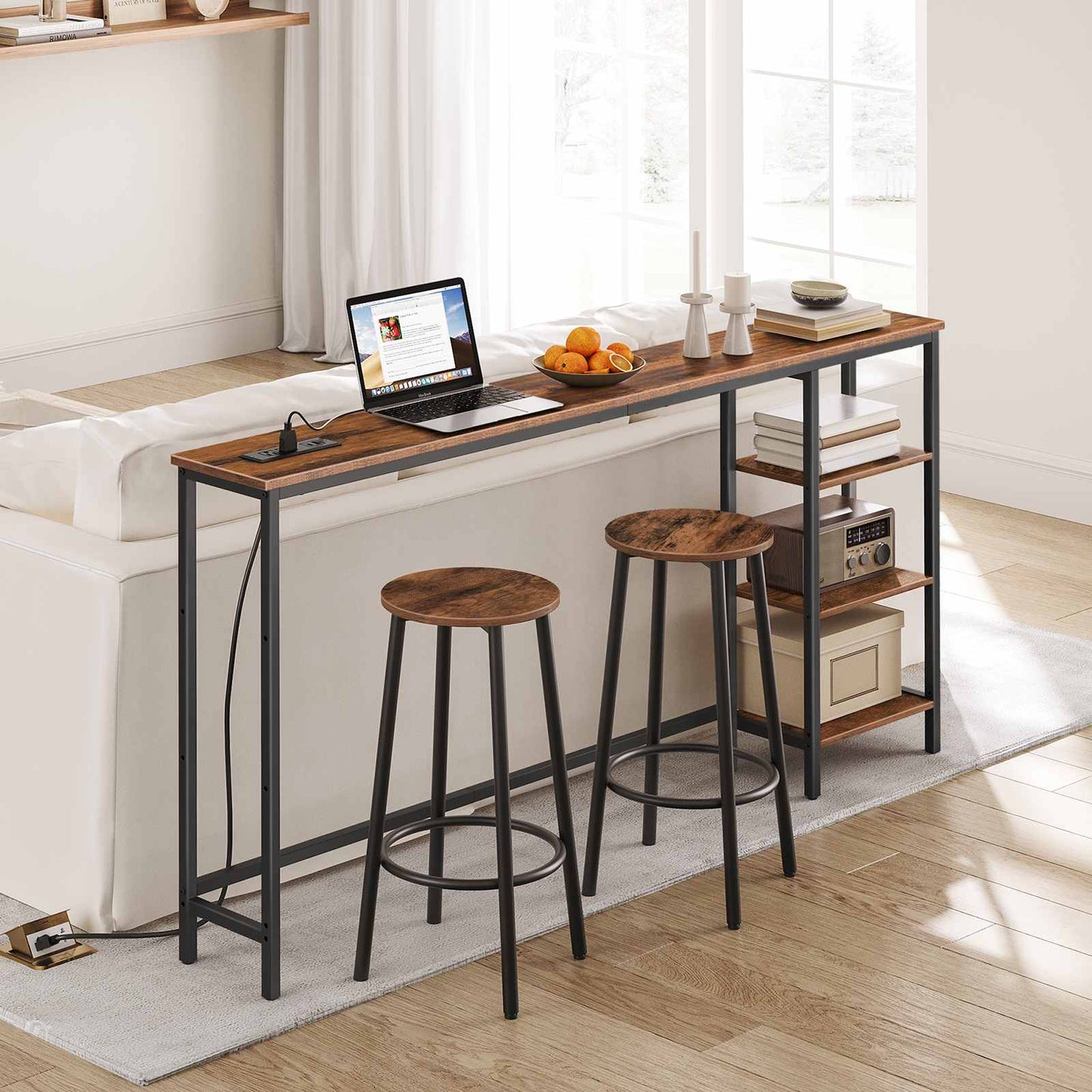 Console Table with Power Outlet with Storage - Rustic Brown & Black - HWLEXTRA 