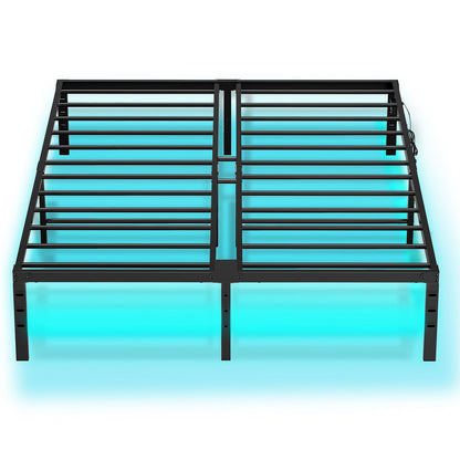 Queen Bed Frame with LED Lights Charging Station - Black