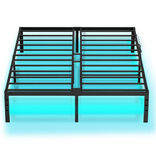 Queen Bed Frame with LED Lights Charging Station - Black