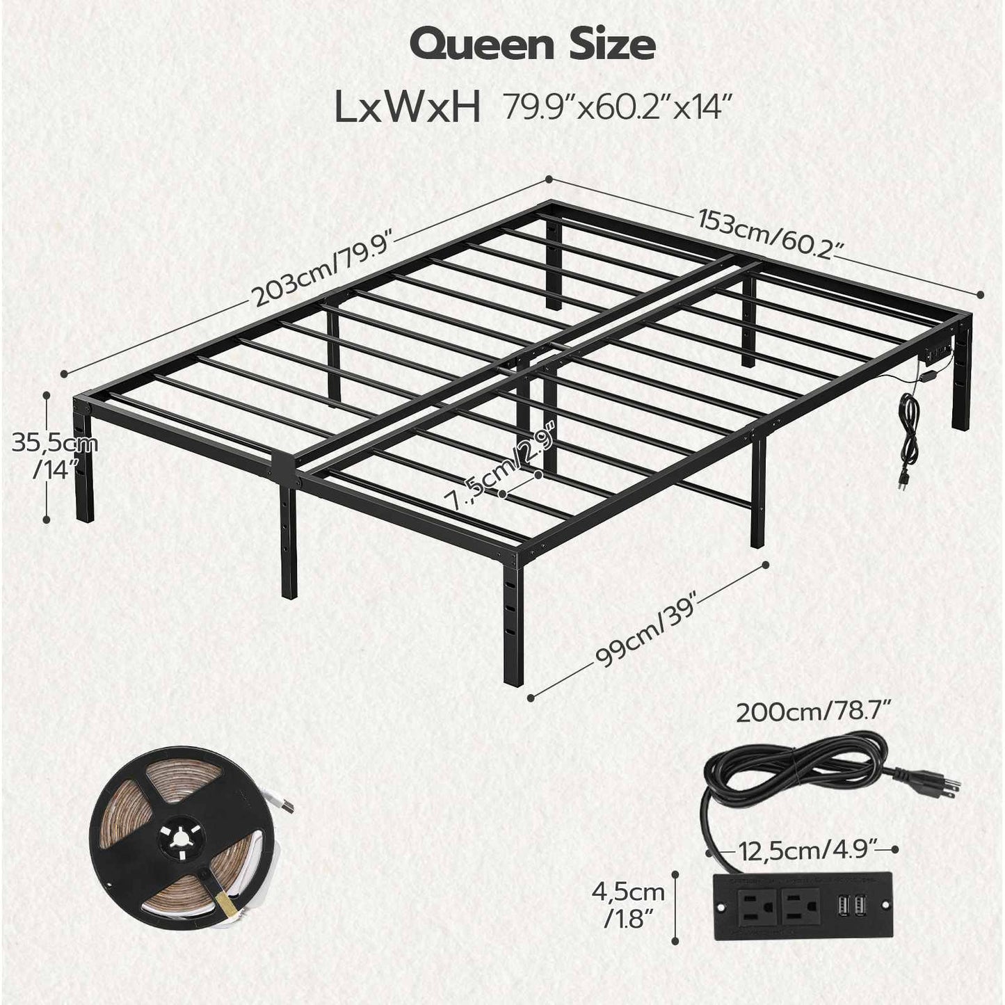 Queen Bed Frame with LED Lights Charging Station - Black