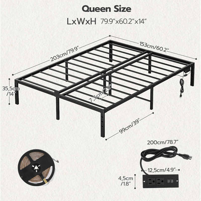 Queen Bed Frame with LED Lights Charging Station - Black