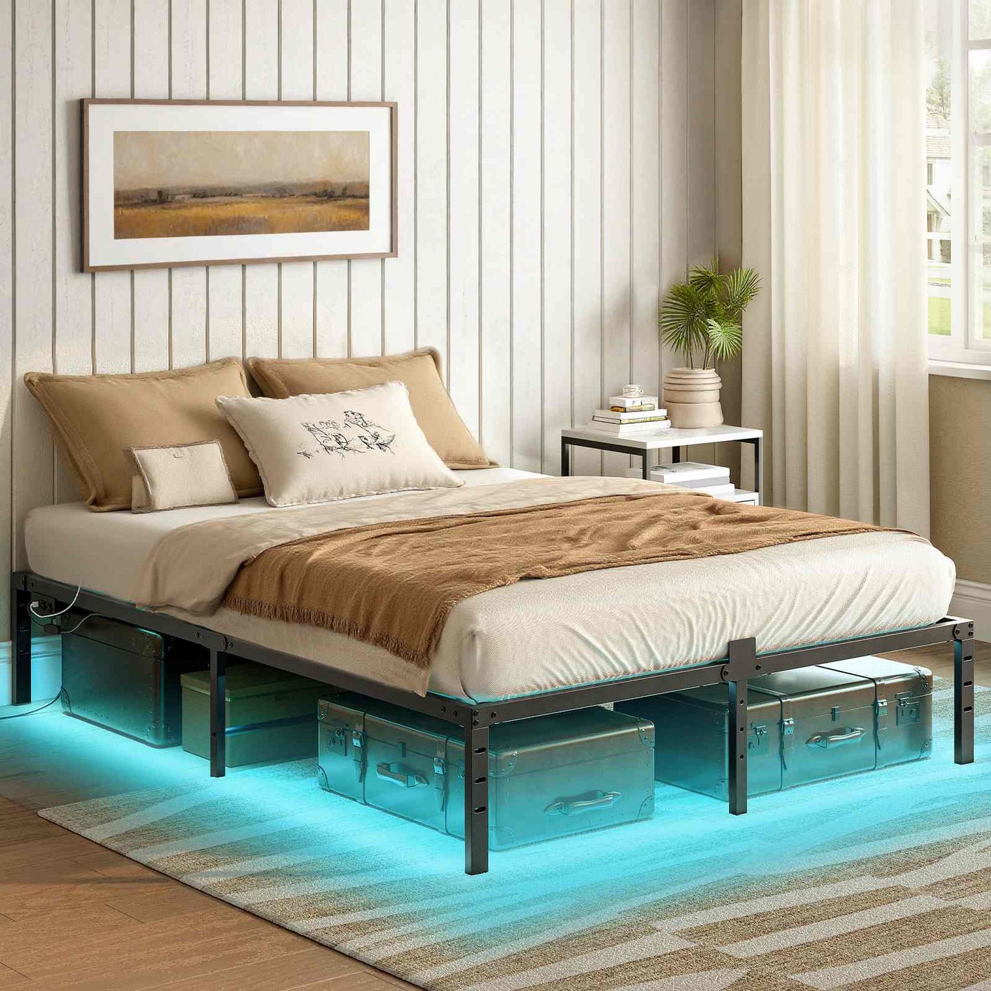 Queen Bed Frame with LED Lights Charging Station - Black