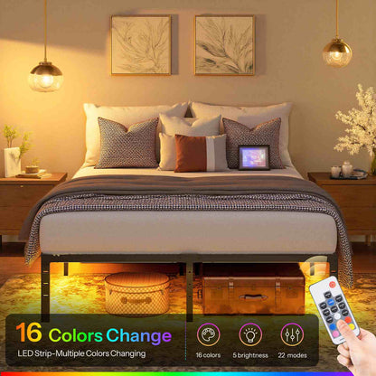 Queen Bed Frame with LED Lights Charging Station - Black