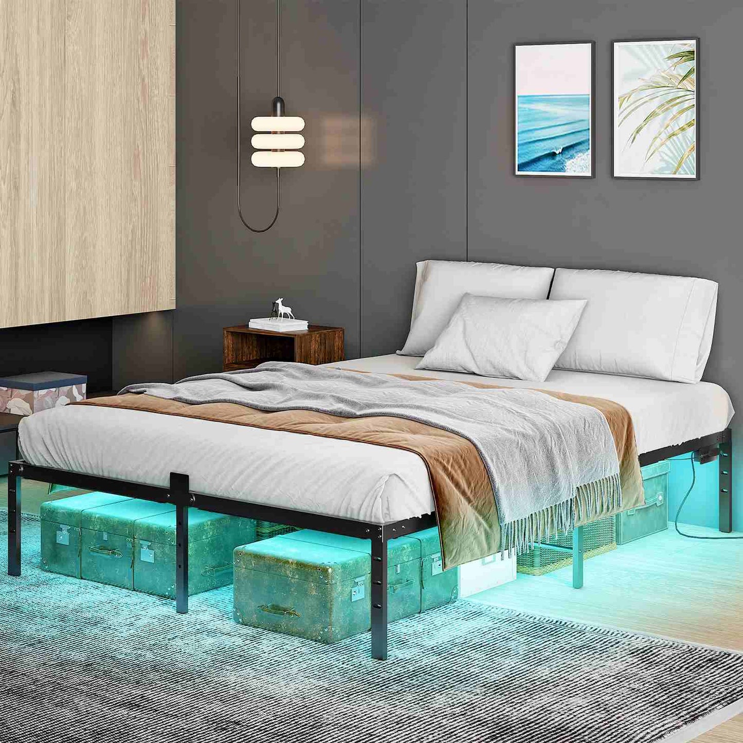 Queen Bed Frame with LED Lights Charging Station - Black