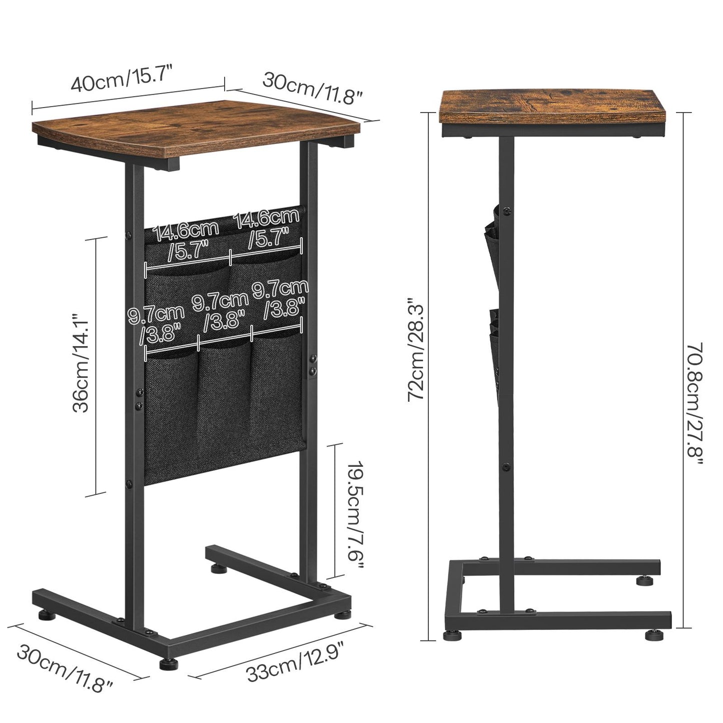 C Shaped End Table with Storage - Rustic Brown & Black