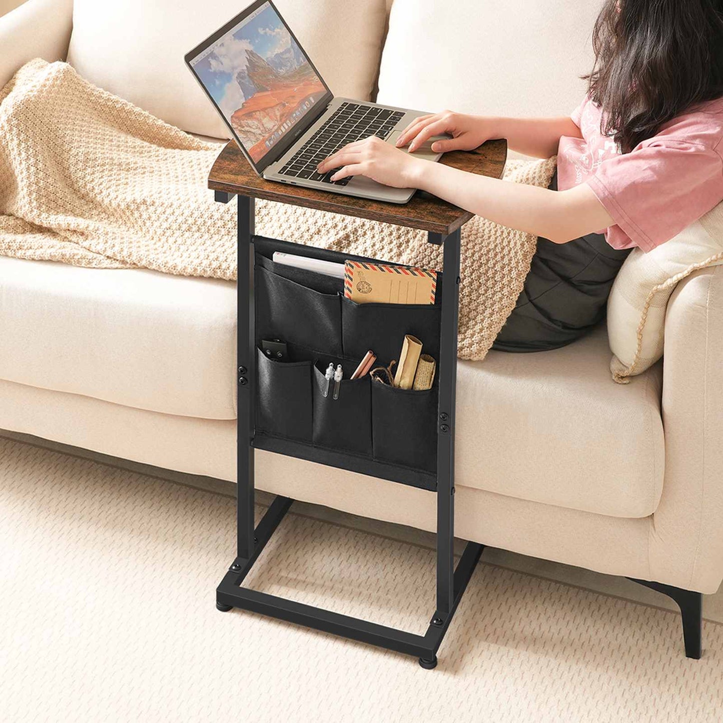 C Shaped End Table with Storage - Rustic Brown & Black