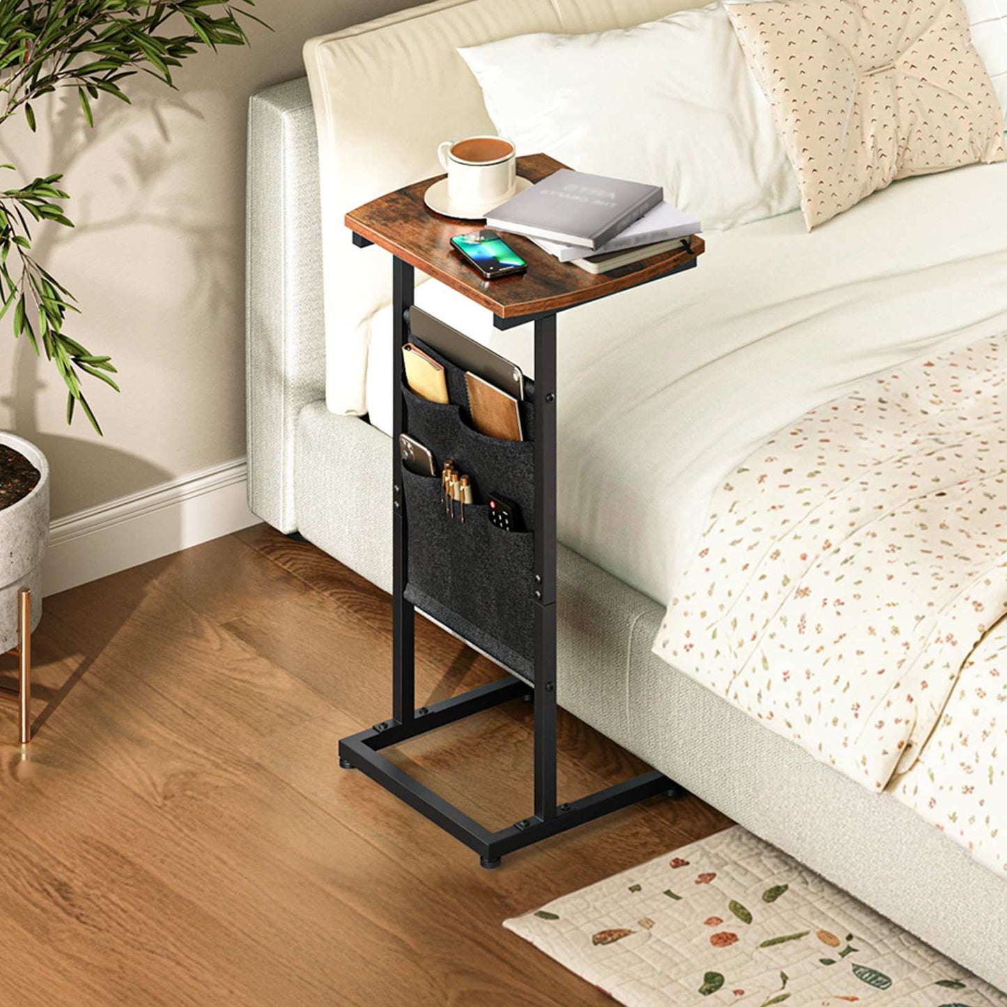 C Shaped End Table with Storage - Rustic Brown & Black