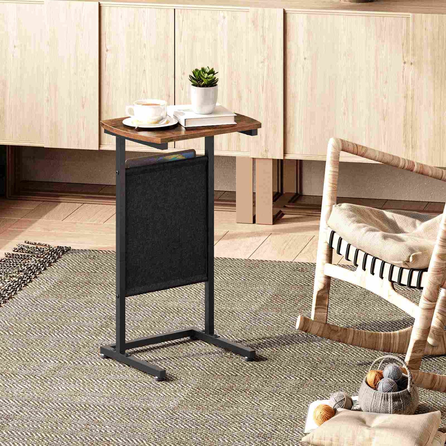 C Shaped End Table with Storage - Rustic Brown & Black
