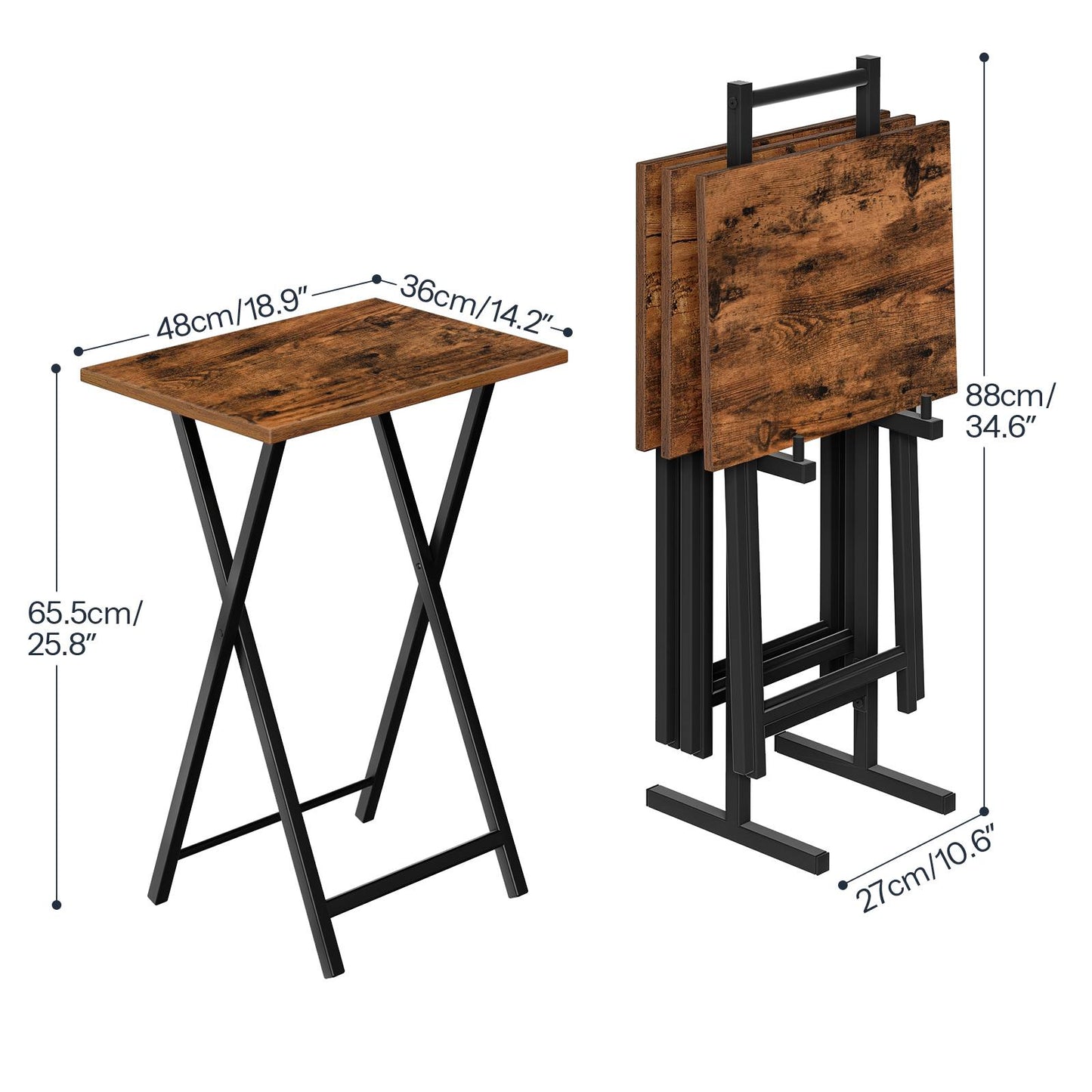 folding tv tray tables with Storage - rustic brown & black