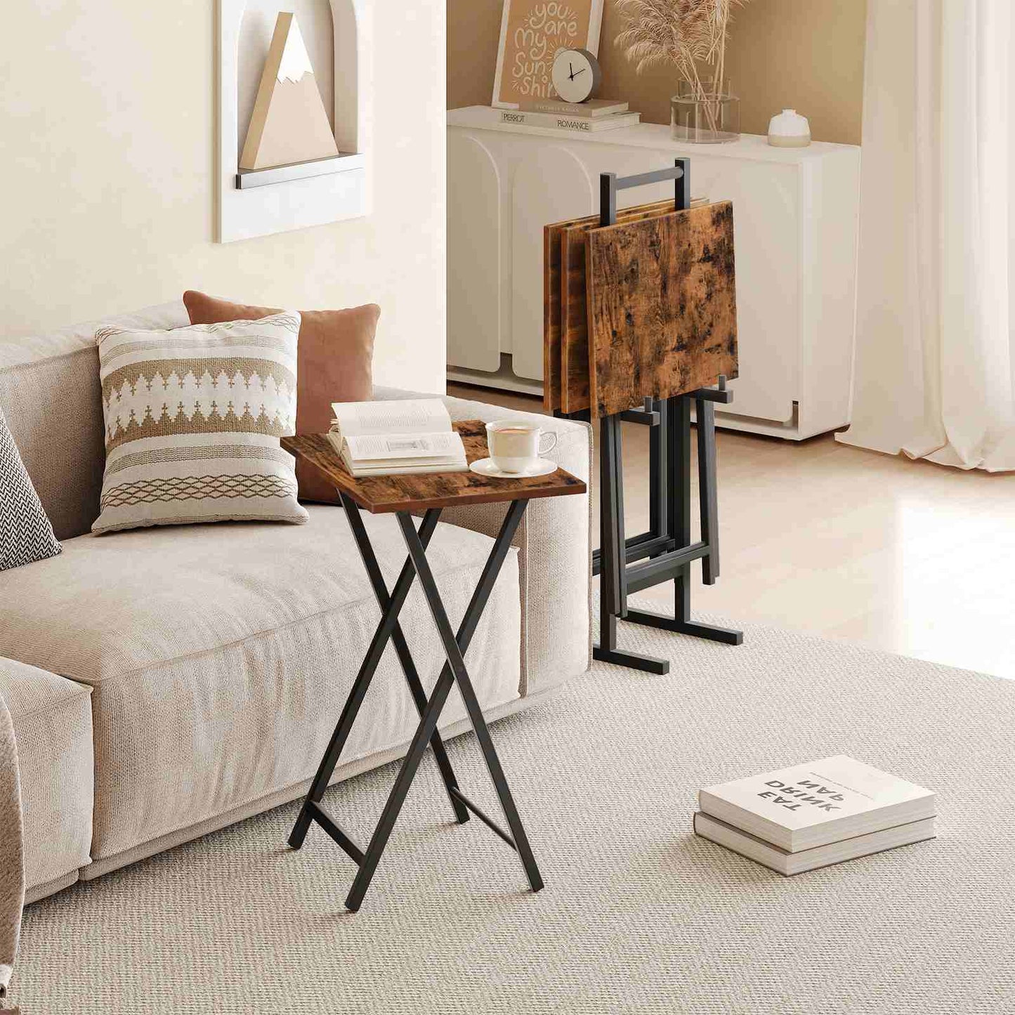 folding tv tray tables with Storage - rustic brown & black