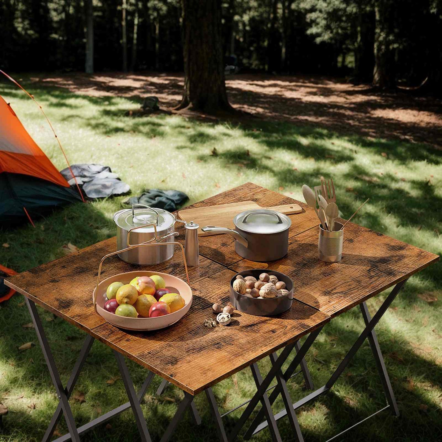 folding tv tray tables with Storage - rustic brown & black
