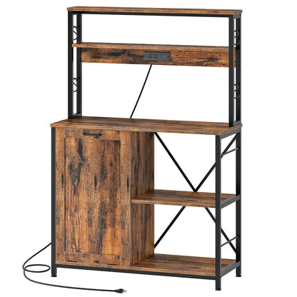 Bakers Rack with Power Outlet Microwave Stand, Coffee Bar - Rustic Brown & Black