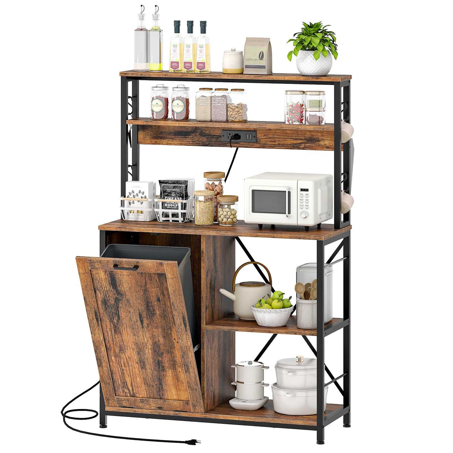 Bakers Rack with Power Outlet Microwave Stand, Coffee Bar - Rustic Brown & Black