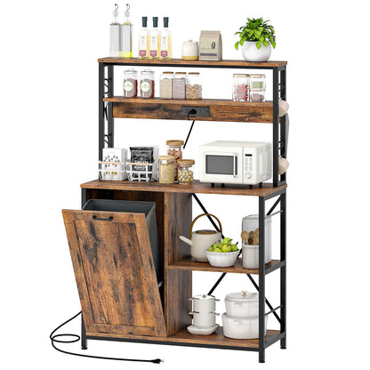 Bakers Rack with Power Outlet Microwave Stand, Coffee Bar - Rustic Brown & Black