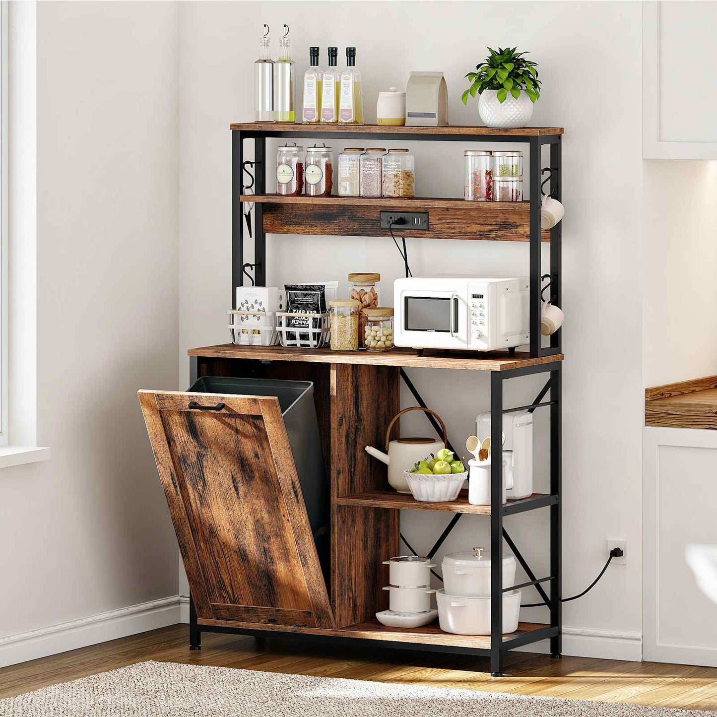 Bakers Rack with Power Outlet Microwave Stand, Coffee Bar - Rustic Brown & Black