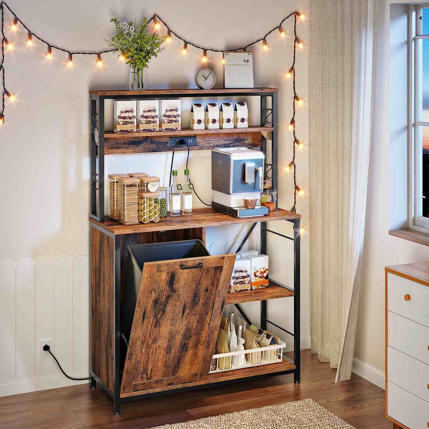 Bakers Rack with Power Outlet Microwave Stand, Coffee Bar - Rustic Brown & Black