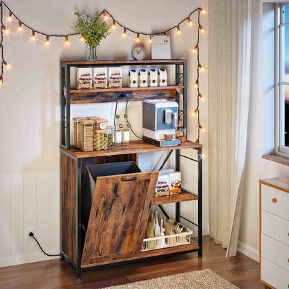 Bakers Rack with Power Outlet Microwave Stand, Coffee Bar - Rustic Brown & Black