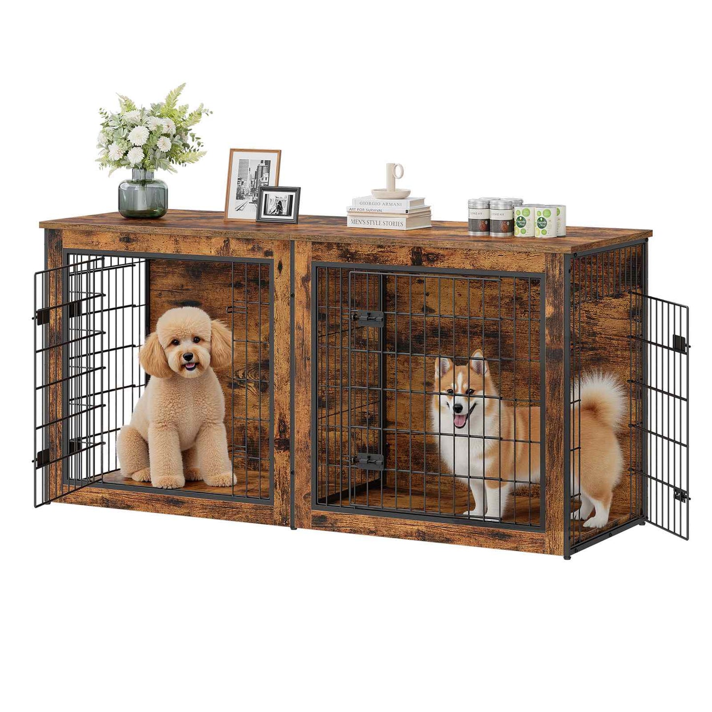 Dog Crate Furniture for 2 Dogs - Rustic Brown