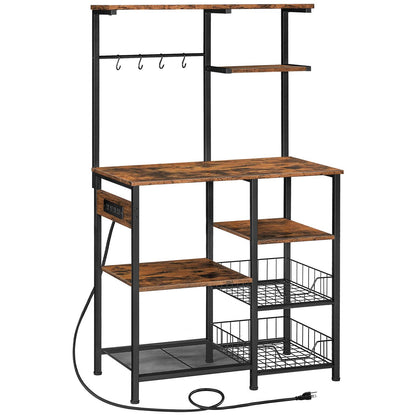 Large Bakers Rack with Power Outlets Microwave Stand, Coffee Bar - Rustic Brown & Black