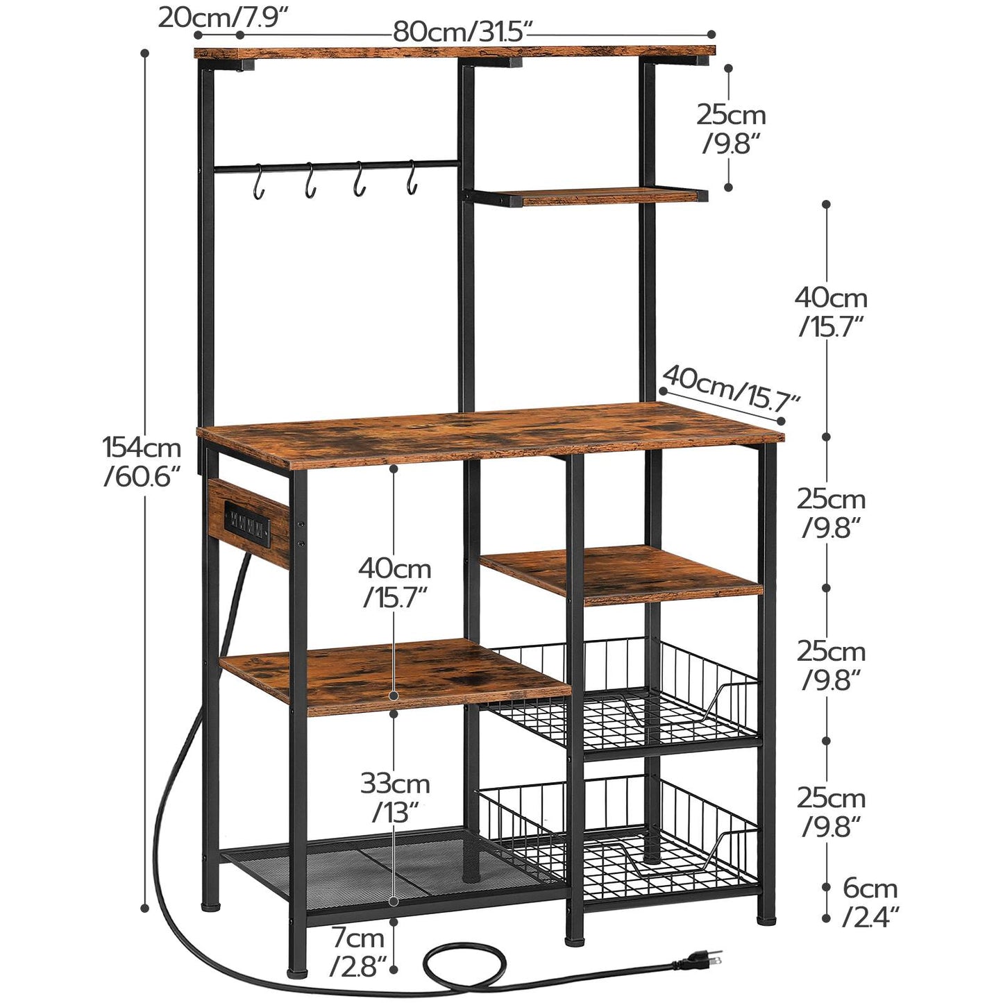 Large Bakers Rack with Power Outlets Microwave Stand, Coffee Bar - Rustic Brown & Black