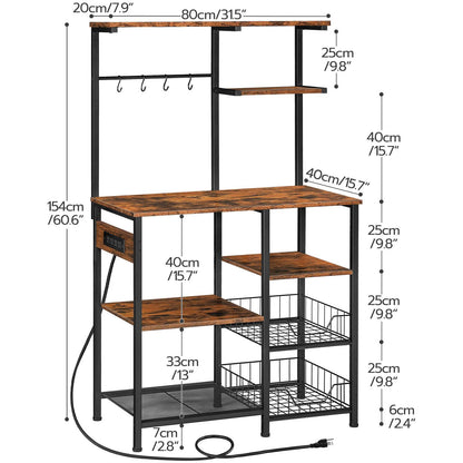 Large Bakers Rack with Power Outlets Microwave Stand, Coffee Bar - Rustic Brown & Black