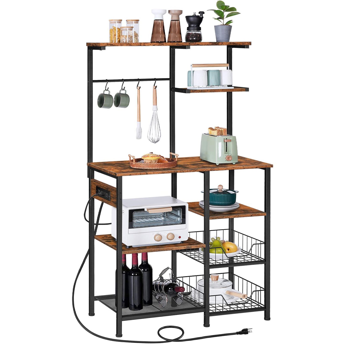 Large Bakers Rack with Power Outlets Microwave Stand, Coffee Bar - Rustic Brown & Black