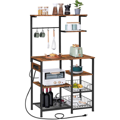 Large Bakers Rack with Power Outlets Microwave Stand, Coffee Bar - Rustic Brown & Black