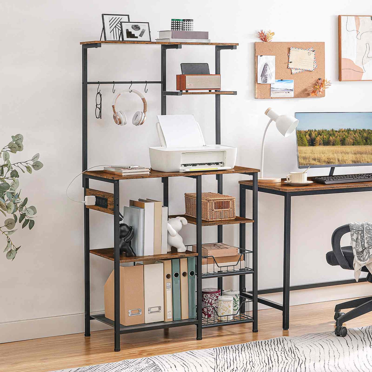 Large Bakers Rack with Power Outlets Microwave Stand, Coffee Bar - Rustic Brown & Black