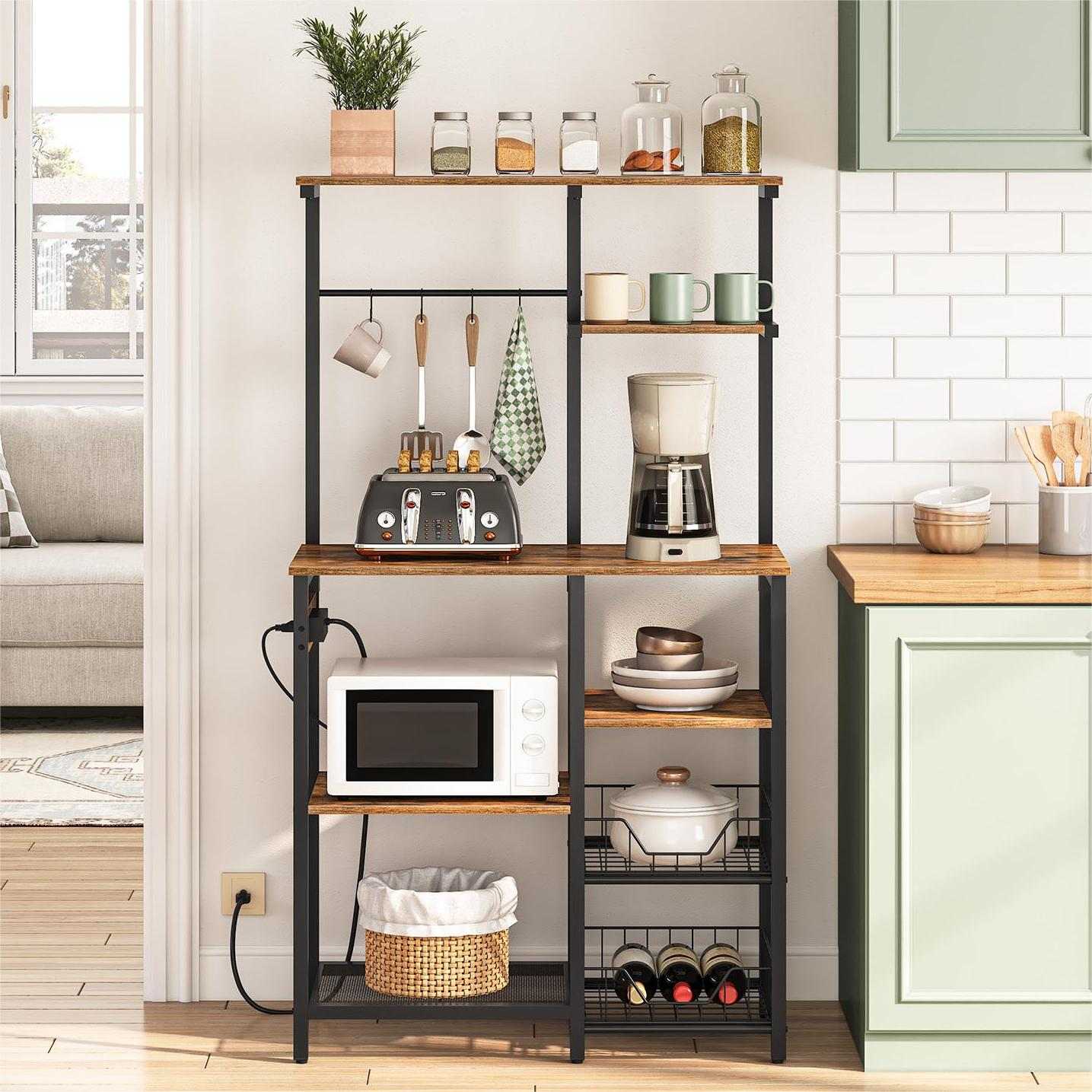 Large Bakers Rack with Power Outlets Microwave Stand, Coffee Bar - Rustic Brown & Black