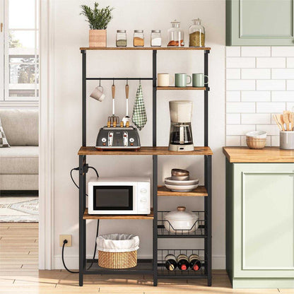 Large Bakers Rack with Power Outlets Microwave Stand, Coffee Bar - Rustic Brown & Black