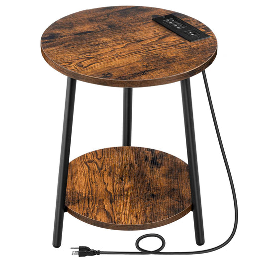 Round End Table with Charging Station - Rustic Brown - HWLEXTRA 
