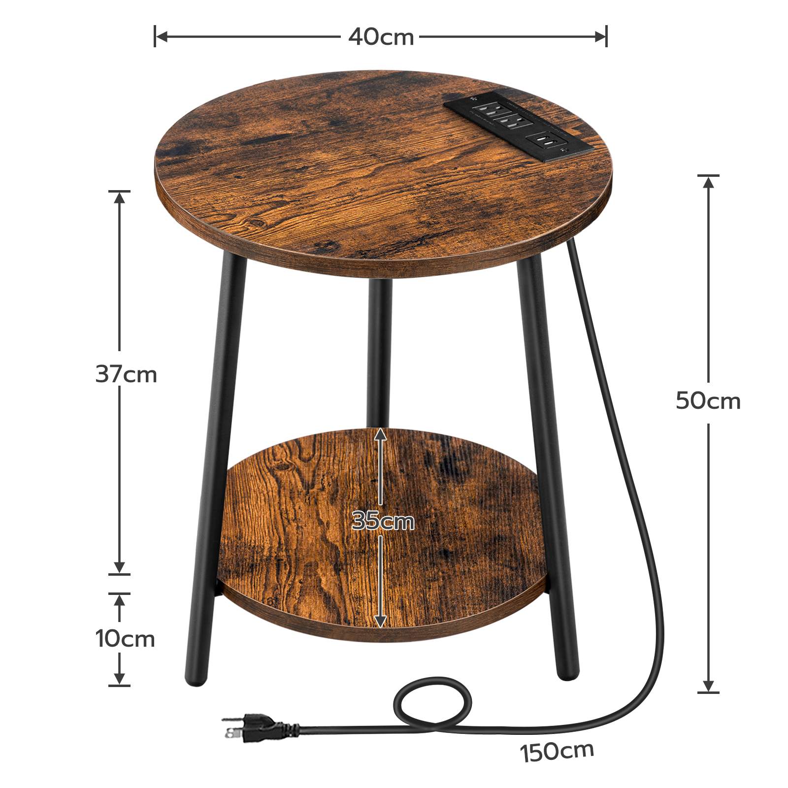Round End Table with Charging Station - Rustic Brown - HWLEXTRA 